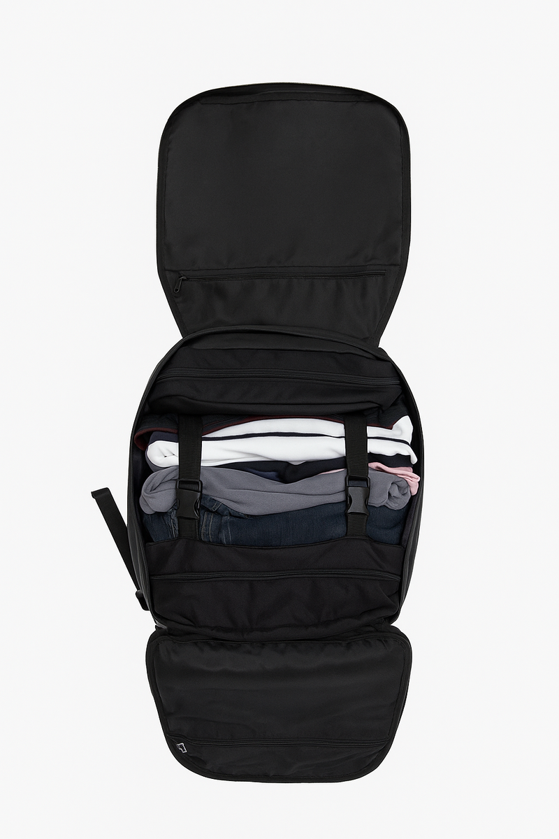 VALIJA RÍGIDA 20" CON RUEDAS + MOCHILA Y CUBO ACORDEÓN (SET 3 EN 1)