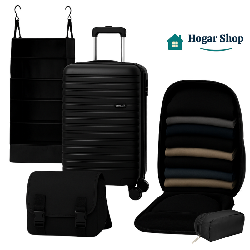 VALIJA RÍGIDA 20" CON RUEDAS + MOCHILA Y CUBO ACORDEÓN (SET 3 EN 1)